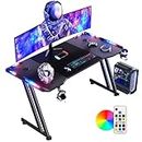 DLONGONE 120 x 60cm RGB Gaming Desk, Large Gaming Table for Laptop, Home Office Desk with Carbon Fiber Coated, Gaming PC Desk with Headphone Hook and Cup Holder, Easy to Assemble, Black