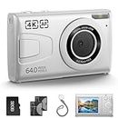 4K Digital Camera with 32GB Card 64MP 18X Zoom 2 Batteries Compact Portable Small Point and Shoot Video Cameras Gift for Student Children Teen Girl Boy White