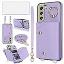Phone Case for Samsung Galaxy S21 FE 5G Wallet Cover with Screen Protector and Ring Stand Credit Card Holder Slot Crossbody Strap Cell S 21 EF S21FE5G UW S21FE 21S G5 6.4 inch Women Girl Men Purple