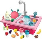 cute stone Küchenspüle Spielzeug Set mit warmbarem Wasser-Recycling Wasserhahn und Waschbecken, Wärme Farbwechsel Geschirr Set, mit Obst-Schneiden für Kinder ab 3 Jahre (Rosa)