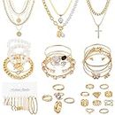 KISS WIFE Gold Jewelry Set for Women Girls, Multi Layered Necklaces Stackable Bracelets Knuckle Rings and Hoop Earrings Sets, Fashion Vacation Jewelry Costume Jewelry Packs, Gifts for Her (Casual)