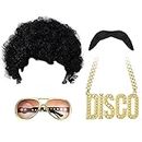 JeryWe Men's Wig 70s 80s Disco Dude Dirt Bag Wig & Moustache Necklace Short Curly Afro Shaggy Wig Blonde Mixed Black