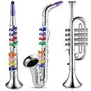 Set of 3 Saxophone for Kids Musical Instruments Toy Saxophone Toy Trumpet and Toy Clarinet with 8 Colored Coded Keys Teaching Songs for Toddlers Children (Silver)