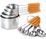 SEEK42 Measuring Spoons and Cups Set of 10 Pieces, Stainless Steel Measuring Utensils with BPA-Free Silicone Grips,Metal Scale Tools for Kitchen Cooking Baking, Dishwasher-Safe (Orange)