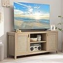 SICOTAS Rattan TV Stand for Living Room - 26" Tall Wood TV Console Cabinet with Storage and Adjustable Shelf, Boho Entertainment Center, 59" Media Console for 50, 55, 65 Inch TV, Light Oak