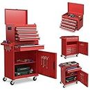 GiantexUK Tool Cabinet, 2 in 1 Lockable Metal Tool Chest with Removable Top Cabinet, Wheels, 5/6 Drawers, Pegboard & Hooks, Heavy-duty Rolling Tool Box Trolley (with Adjustable Shelf, Red)
