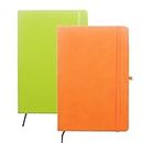 SagaSave 2 Pcs PU Leather Hardcover Notebook with Pen Loop, A5 Lined Notebook Elastic Closure Notepad, Office and School Supplies for Women Men [Green+Orange]