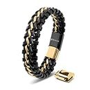 SERASAR Mens Leather Bracelet 17cm Gold Bracelet Men Gift-Box Genuine-Leather Cowhide Braided Adjust-Able Magnetic-Clasp Multi-Layer Wrap Rope Man Mans Male Boy Boys Band Jewelry Magnet Accessories