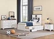 Twin Bedroom Set, 3 Piece Bedroom Sets with Twin Size Captain Bed, a Nightstand and a 7-Drawers Dresser, Wood White Bedroom Set for Kids Boys Girls Teens