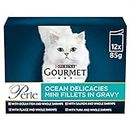 GOURMET Perle Mini Fillets in Gravy Ocean Delicacies (Salmon,Tuna,OceanFish,Plaice) Wet Cat Food Pouch 12x85g, Pack of 4