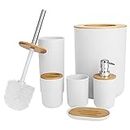 Youyijia 6 Pieces Bathroom Accessories- Bathroom Bin And Toilet Brush Set- Durable Toothbrush Holder Cup- Soap Dispenser With Pump- Soap Dish Holder- Modern Trash Can (White)