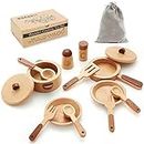 WHOHOLL Play Kitchen Accessories, Wooden Kitchen Set for Toddlers 1-3, Montessori Toys for Kids Pots and Pans Pretend Play, Wooden Kitchen Toys for Toddlers 4 5 6 7 Year Old Boys Girls Gifts(Medium)