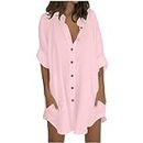 Best Cyber of Monday Deals Womens Cotton Button Down Shirt Casual 3/4 Rolled Sleeve Loose Fit Collared Linen Work Blouse Tops with Pocket Pink