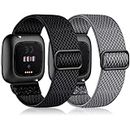Fuleda Elastic Band Compatible with Fitbit Versa 2 Bands for Women Men, 2Pack Soft Adjustable Nylon Breathable Sport Band for Versa/Versa Lite/Versa SE Smartwatch Loop Stretchy Wristband, Black&Gray