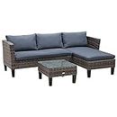 Outsunny 3 Piece Wicker Patio Furniture Set with Square Glass Top Coffee Table, L Shaped Outdoor Sofa Set with Cushions, Metal Frame for Garden, Patio, Balcony, Grey