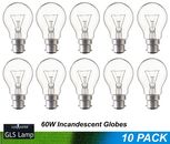 10 x 60W Incandescent Light Globes Bulbs B22 Bayonet Warm White Dimmable Clear
