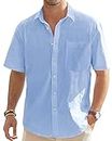 Alimens & Gentle Men's Casual Button Up Linen Shirts Solid Short Sleeve Loose Fit Vacation Tees with Pocket Light Blue
