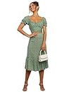 LYANER Women's 2 Piece Outfits Floral Self Tie Knot Crop Top and Midi Skirt Set Green Large