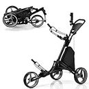 COSTWAY 3 Wheel Golf Push Pull Cart, Lightweight Foldable Golf Trolley with Adjustable Height Handle, Umbrella Stand, Insulation Storage Bag, Cup Holder and Foot Brake (Gray)