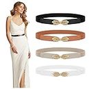 4 Pack Women Skinny Elastic Waist Belts for Dress Ladies Retro Stretchy Thin Belt with Gold Buckle, Fit waist size 32''-40'', Black+White+Brown+Gray