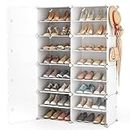 LANTEFUL Shoe Rack Organizer, 8 Tiers 32 Pair Portable Shoe Storage Cabinet, Sturdy Plastic Shelf with Hooks, Door for Entryway, Bedroom and Hallway, White