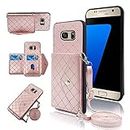Compatible with Samsung Galaxy S7 Wallet Cover with Crossbody Shoulder Strap and Stand Leather Credit Card Holder Cell Accessories Phone Cover for Glaxay S 7 7s GS7 SM-G930V G930A Women Girls Pink