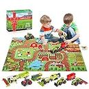 Oriate Diecast Farm Tractor Toys with Farm Animal & Activity Play Mat, 38 Piece Educational Realistic DIY Farm Vehicle Set for Kids, Including Harvester, Cropcutter, Cow