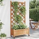 vidaXL Solid Fir Wood Planter with Trellis-Brown Rectangular Flower Box Pot with Wheels-Indoor/Outdoor Use for Garden, Patio, Deck