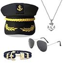 Gionforsy Captain Hat Costume Set Ship Sailor Hat with Corn Cob Pipe Aviator Sunglasses Mustache Accessories Set, Black, One Size