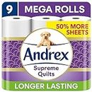 Andrex Supreme Quilts Mega Toilet Roll - 9 Mega Rolls (13.5 Standard), 3-ply, 25% Thicker Paper than Before to Provide Ultimate Quilted Comfort
