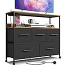 Adoture Dresser with Charging Station, Chest of Drawers for Bedroom with 5 Fabric Bins, TV Stand with Open Storage Shelf, TV Table with 4 Castors for Living Room, Hallway (Black)