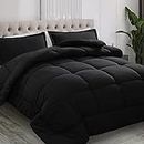 All Season Queen Size Comforter Set 3 PCs, Premium 350GSM Soft Quilted Down Alternative Comforter+2 Pillow Shams with Corner Tabs-Machine Washable Black, Queen（88 * 88）