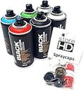 Juego de botes de spray Montana Black Pocket Cans en 6 colores + 10 cabezales de pulverización de repuesto – 6 x 150 ml