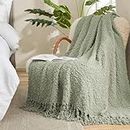 Amélie Home Spring Throw Blanket Chunky Soft Fluffy Knit Throw Blankets Textured Mulberry Throw Blanket with Handmade Tassels Woven Luxury Farmhouse Throw for Couch Bed, Sage Green, 50x60