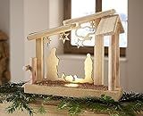 Dekoleidenschaft Weihnachtskrippe Heilige Familie mit LED Beleuchtung aus Holz, Krippenstall aus Eiche, Figuren aus Sperrholz, Weihnachtdeko, beleuchtete Holzkrippe,