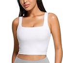 CRZ YOGA Butterluxe Womens Square Neck Longline Sports Bra - Workout Crop Tank Tops Padded with Built in Shelf Yoga Bra White Medium