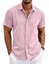 COOFANDY Men's Linen Shirts Short Sleeve Casual Shirts Button Down Shirt for Men Beach Summer Wedding Shirt, Pink, Medium