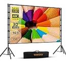 Towond Projector Screen and Stand, 150 inch Indoor Outdoor Projection Screen, Portable 16:9 4K HD Rear Front Movie Screen with Carry Bag Wrinkle-Free Design for Home Theater Backyard Cinema