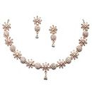 ZENEME Rhodium Plated Silver Toned White American Diamond Studded Necklace With Earring Jewellery Set For Woment and Girl (Rose Gold)