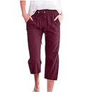 Prime Wardrobe Deals of The Day Capri Pants for Women Summer Drawstring Linen Pant Elastic Waist Straight Wide Leg Cropped Pants Loose Casual Trousers Hot Fashion Sale 2024 Wine