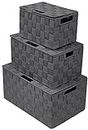 Sorbus Caja de almacenamiento tejida cesta contenedor cubo organizador apilable cesta de almacenamiento con correa tejida organizador de estantes asas de transporte integradas (3 unidades, gris)