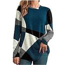ZzCityTK Cotton Tops for Women UK Sale Clearance Round Neck Christmas Autumn UK Size Jumpers Loose Long Sleeve Geometric Contrast Color Sweatshirt Button Casual Knit Top Winter Tops Vintage Shirts