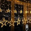 12 Stars 138 LED Curtain Lights, Christmas Outdoor Decor Window Curtain String Lights with 8 Flashing Modes Ramadan Decoration for Christmas, Wedding, Party, Home Bedroom Decorations (Warm White)