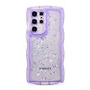 ZTOFERA for Samsung Galaxy S21 Ultra 5G Case 6.8",Cute Curly Wave Case with Star Glitter,Clear Shiny Bling Soft TPU Shockproof Phone Protecive Case for Women Girls-Purple