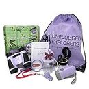 Unplugged Explorers 9 Piece Kids Outdoor Adventure Kit Purple or Yellow Backpack, Binoculars, Flashlight, Compass, Bug Collector, Whistle, Magnifying Glass - Educational Boy Girl STEM Gift (Purple)
