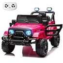 12V Kids Ride on Truck Car Remote Control, Twin 35W Motors 3.5MPH Max Speed, Bluetooth USB Music Player, 4 Wheels Suspension LED Lights Safety Belt, Electric Car Gift for Boys & Girls-Rosy
