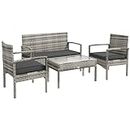 Outsunny 4 PCs PE Rattan Patio Furniture with Loveseat Sofa, Armchairs, Glass Coffee Table, Outdoor Wicker Conversation Sofa Set with Cushions, for Backyard, Garden, Grey