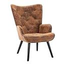 Dolonm Rustic Accent Chair Vintage Wingback Chair Microfiber Cushioned Mid Century Tall Back Chair with Arms Solid Wood Legs for Reading Living Room Bedroom Waiting Room (Brown)