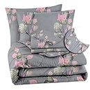 VAS COLLECTIONS 350TC Floral Cotton Feel AC Comforter Set King Size Double Bed with 1 Fltted bedsheet & Two King Pillow Covers, 4 Pieces Bedding Set (90x100 inch & 72x78 inch, Grey & Pink)
