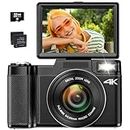 4K Digital Camera for Photography, Autofocus 48MP Vlogging Camera for YouTube with 16X Digital Zoom Macro Camera, 3’’180°Flip Screen Compact Video Camera with Liftable Flash, SD Card&2 Batteries…